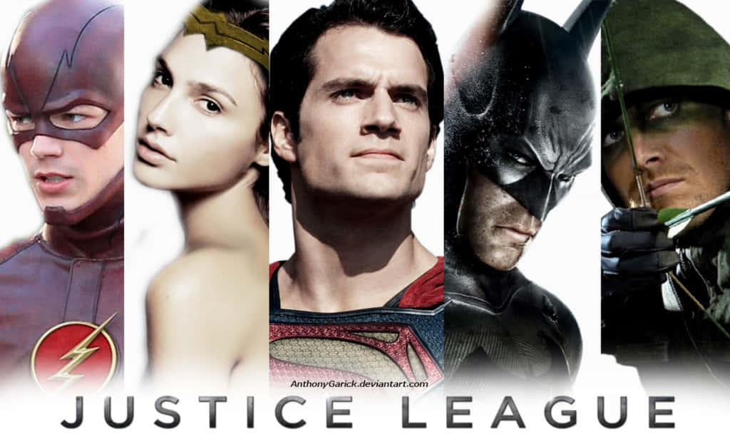 Justice League Unlimited 桌布 壁紙 — 正義聯盟超級英雄的宣傳拼貼，包括閃電俠、神力女超人、超人、蝙蝠俠和綠箭俠的戲劇性特寫。