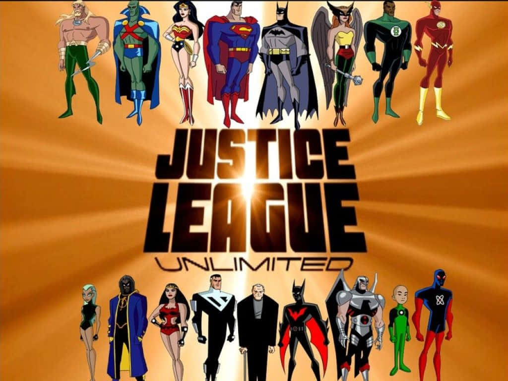 Justice League Unlimited 桌布 壁紙 — Justice League Unlimited 標題卡，展示標誌性超級英雄以大膽姿勢站在耀眼的橙色漸變背景前。