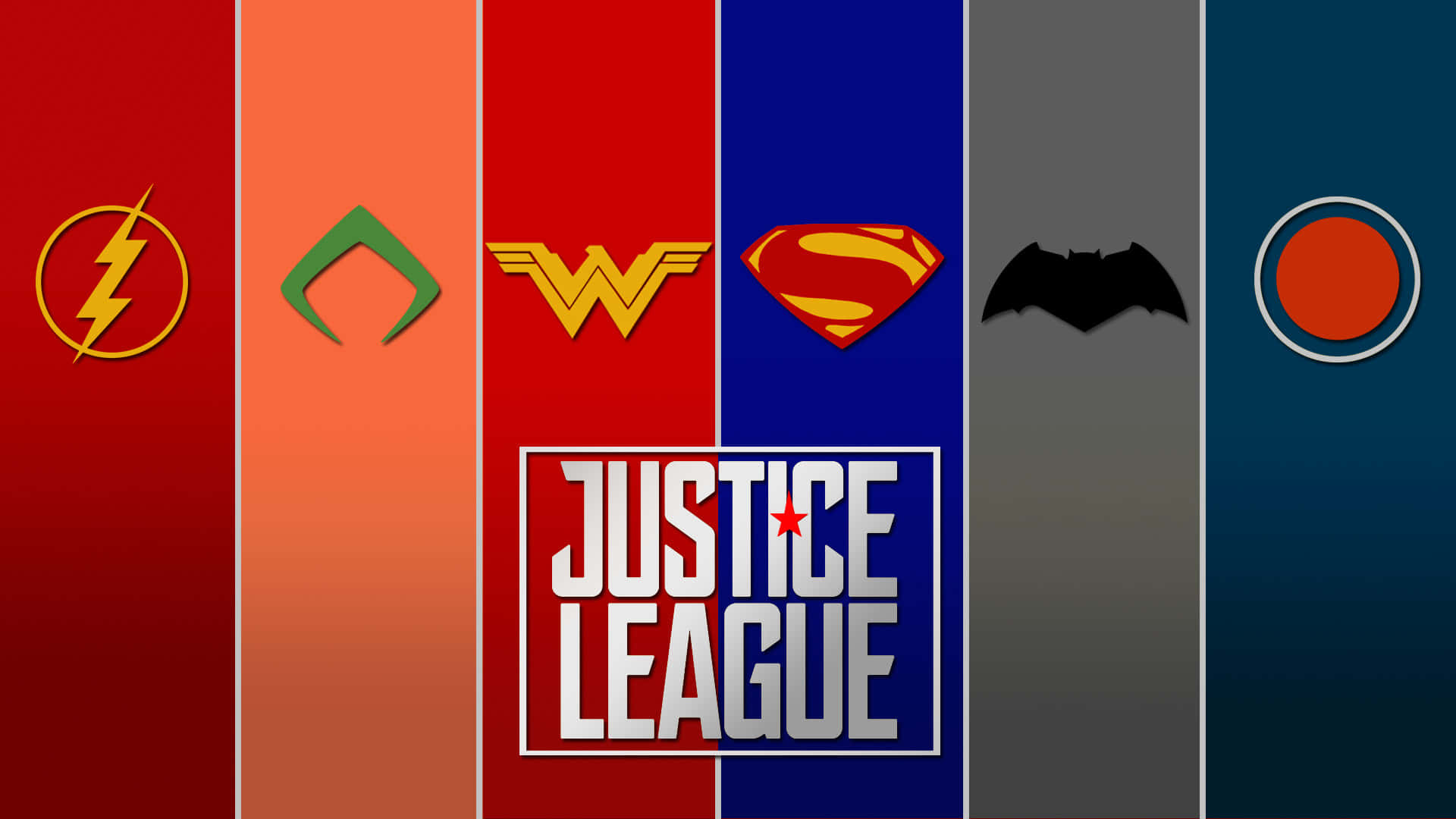正義聯盟 桌布 壁紙 — Justice League 標誌居中於色彩繽紛的垂直條紋上的超級英雄符號之間。