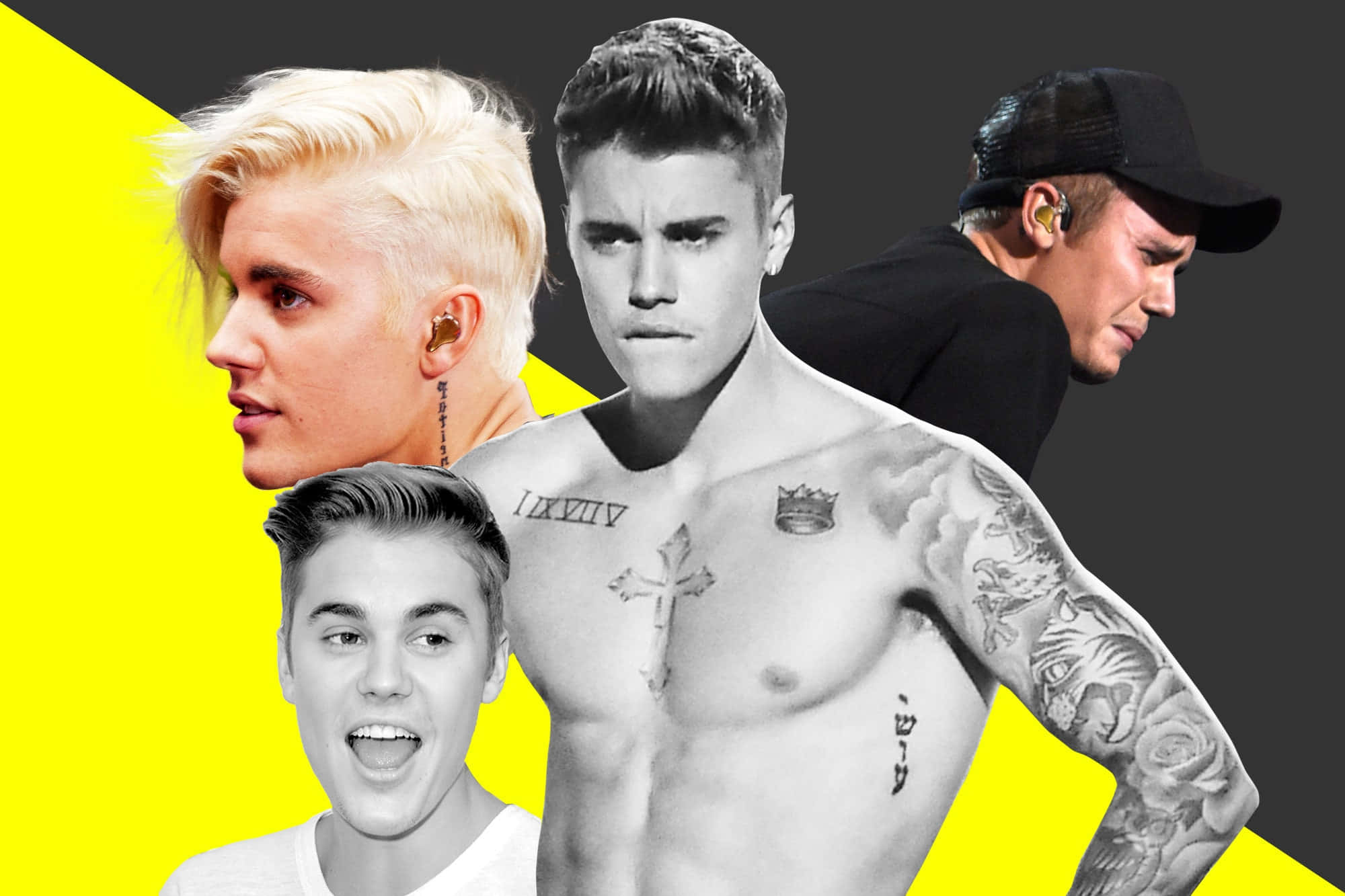 Justin Bieber 2015 桌布 壁紙 — Justin Bieber 以多種姿勢和服裝組成的鮮明拼貼畫，背景為大膽的黃色和灰色。