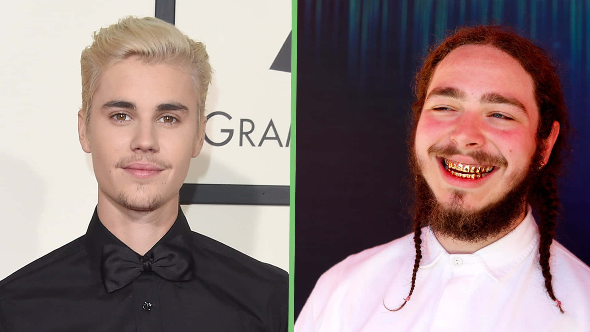 波斯特·马龙 桌布 壁紙 — Justin Bieber 身穿黑色正式服裝與 Post Malone 戴金牙套、辮子頭髮大笑的分割肖像。