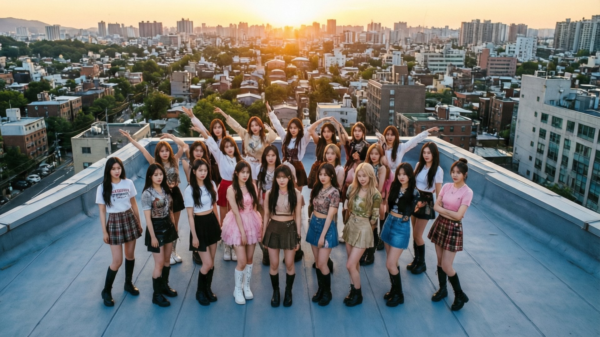 Momoland 桌布 壁紙 — 一個K-pop女團在日落時分自信地在屋頂上擺姿勢，背後是廣闊的城市景觀。
