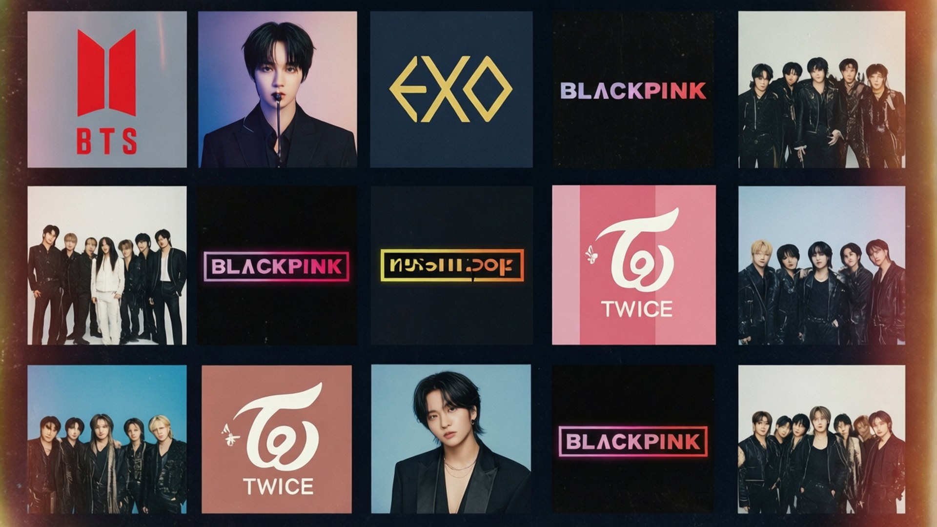 K-pop 團體標誌和成員肖像網格，包括 BTS EXO BLACKPINK 和 TWICE。 — K Pop 壁紙