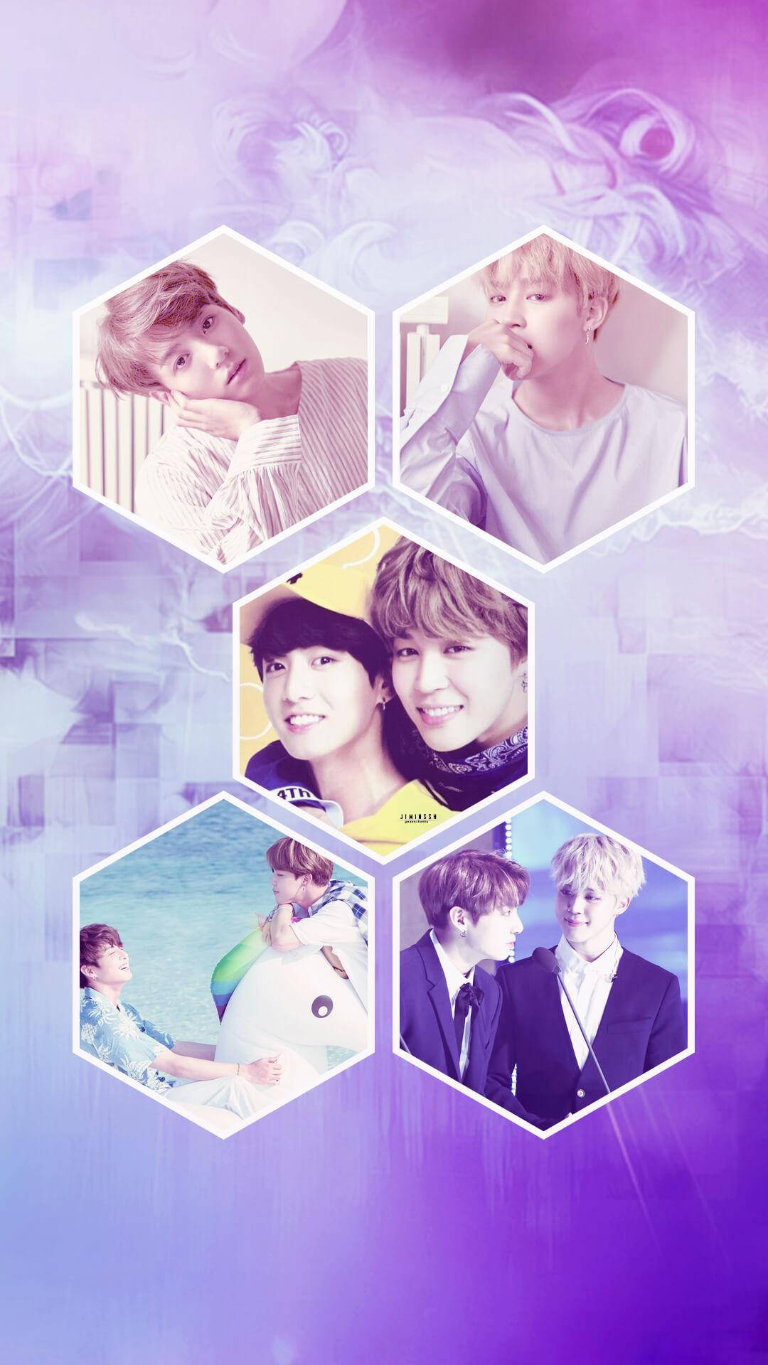 Jikook 桌布 壁紙 — K-pop 偶像的六邊形肖像在夢幻般的紫色漸層背景上漂浮，帶有柔和發光效果。
