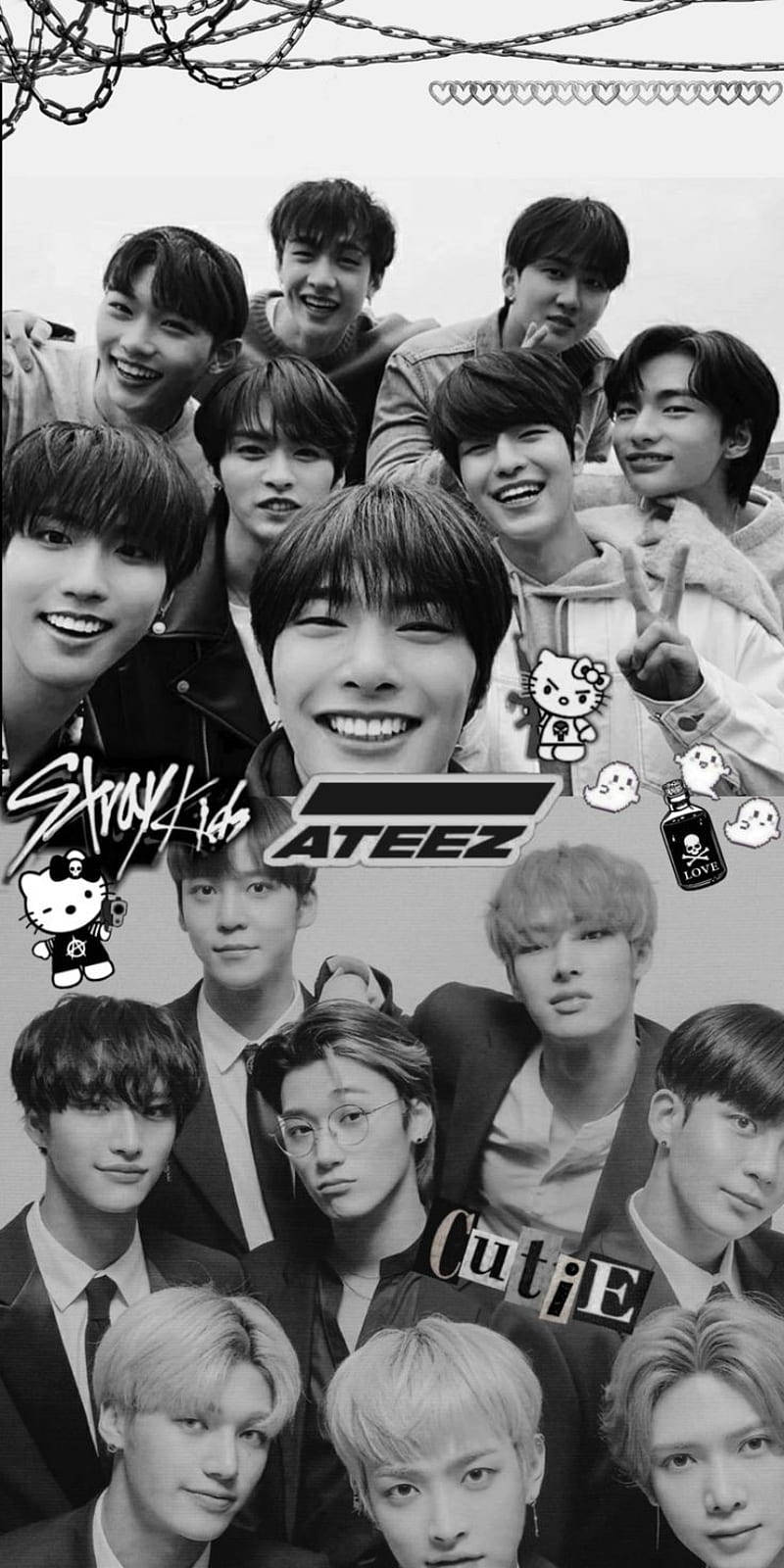 Hello Kitty 桌布 壁紙 — K-pop 組合 ATEEZ 微笑擺姿勢，與 Hello Kitty 貼紙和鐵絲網背景的黑白拼貼畫。
