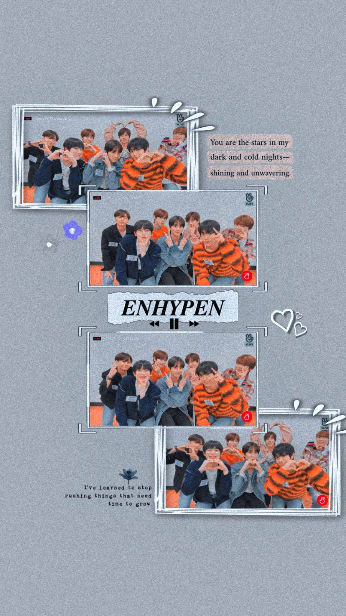 Enhypen Aesthetic 桌布 壁紙 — K-pop 組合 ENHYPEN 在柔和灰色背景上一起擺姿勢的四張裱框照片拼貼，配有裝飾心形和勵志語錄。