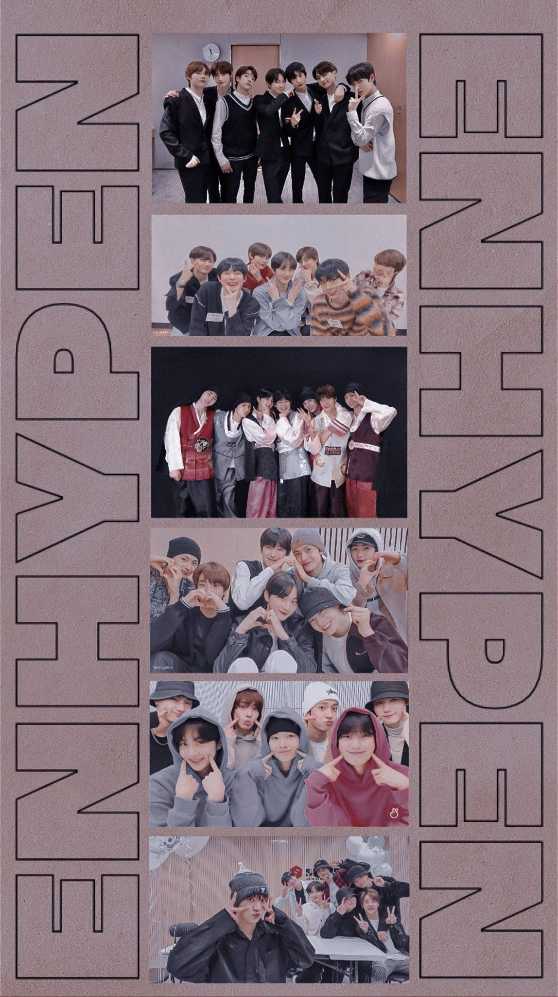 Enhypen Aesthetic 桌布 壁紙 — K-pop 組合 ENHYPEN 的垂直拼貼，展示各種姿勢和服裝，背景簡潔，側面以大型輪廓字體顯示組合名稱。