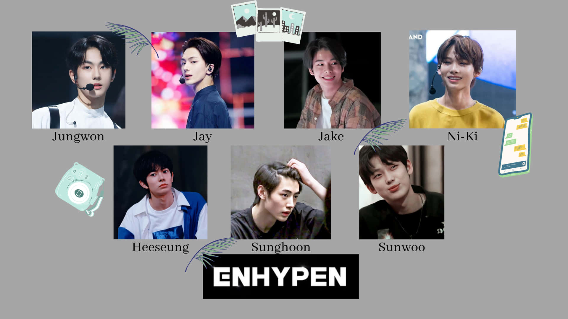 Enhypen Laptop 桌布 壁紙 — K-pop 組合 ENHYPEN 的七位成員在灰色背景上以個人照片擺姿勢，附有名稱標籤和裝飾圖標。