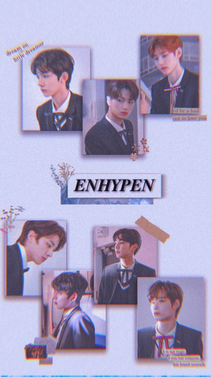 Enhypen Aesthetic 桌布 壁紙 — K-pop 組合 ENHYPEN 七位成員身穿校服的拼貼照片，背景為柔和薰衣草色，並附有裝飾文字和花卉點綴。
