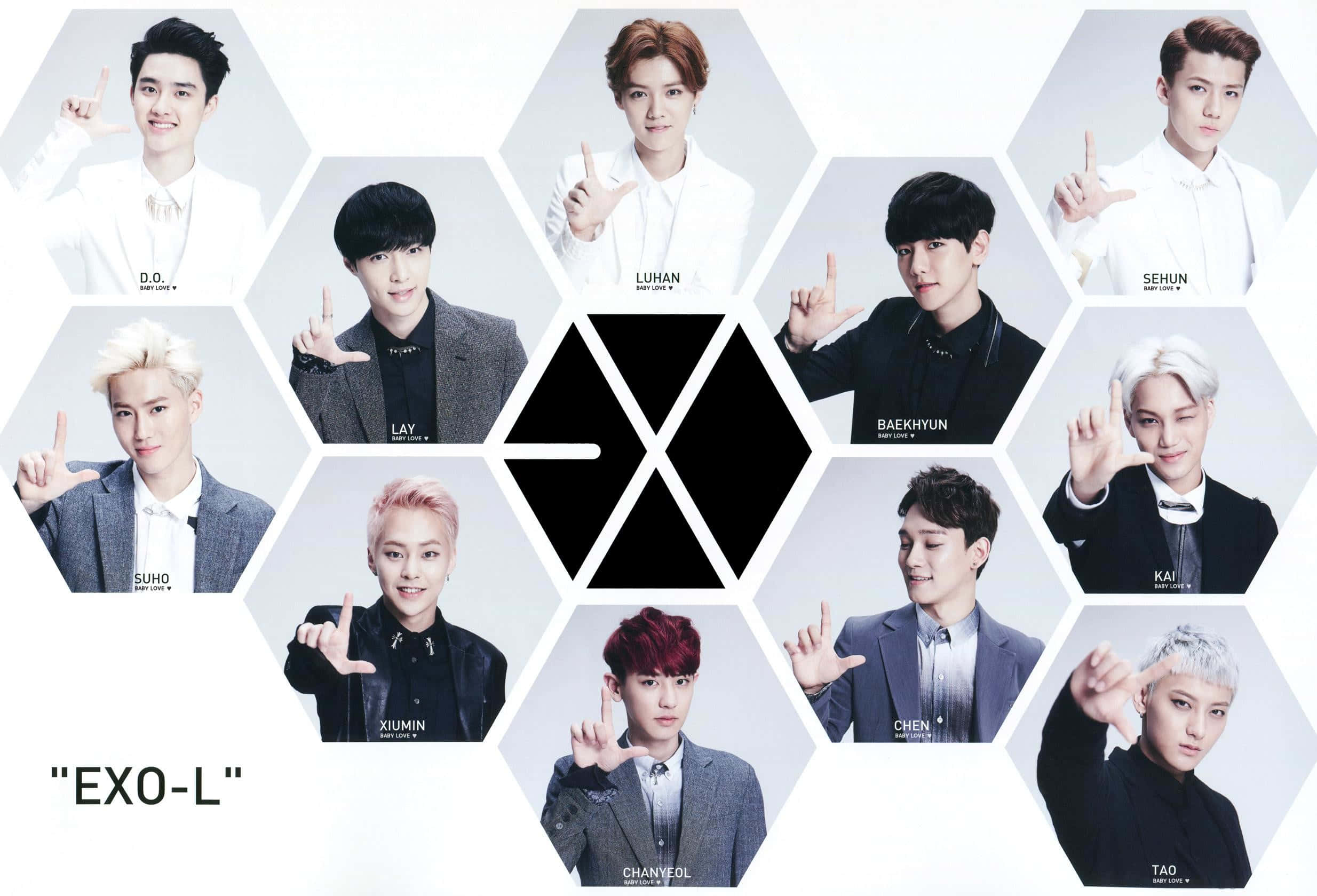 EXO 桌布 壁紙 — K-pop 組合 EXO-L 的九位成員在白色背景的六邊形框架中擺姿勢，每人做出獨特的手勢。