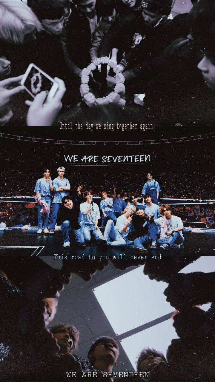 十七歲 桌布 壁紙 — K-pop 組合 Seventeen 在黑暗的演唱會環境中，於反射舞台上擺姿勢，周圍是手持應援棒的粉絲。