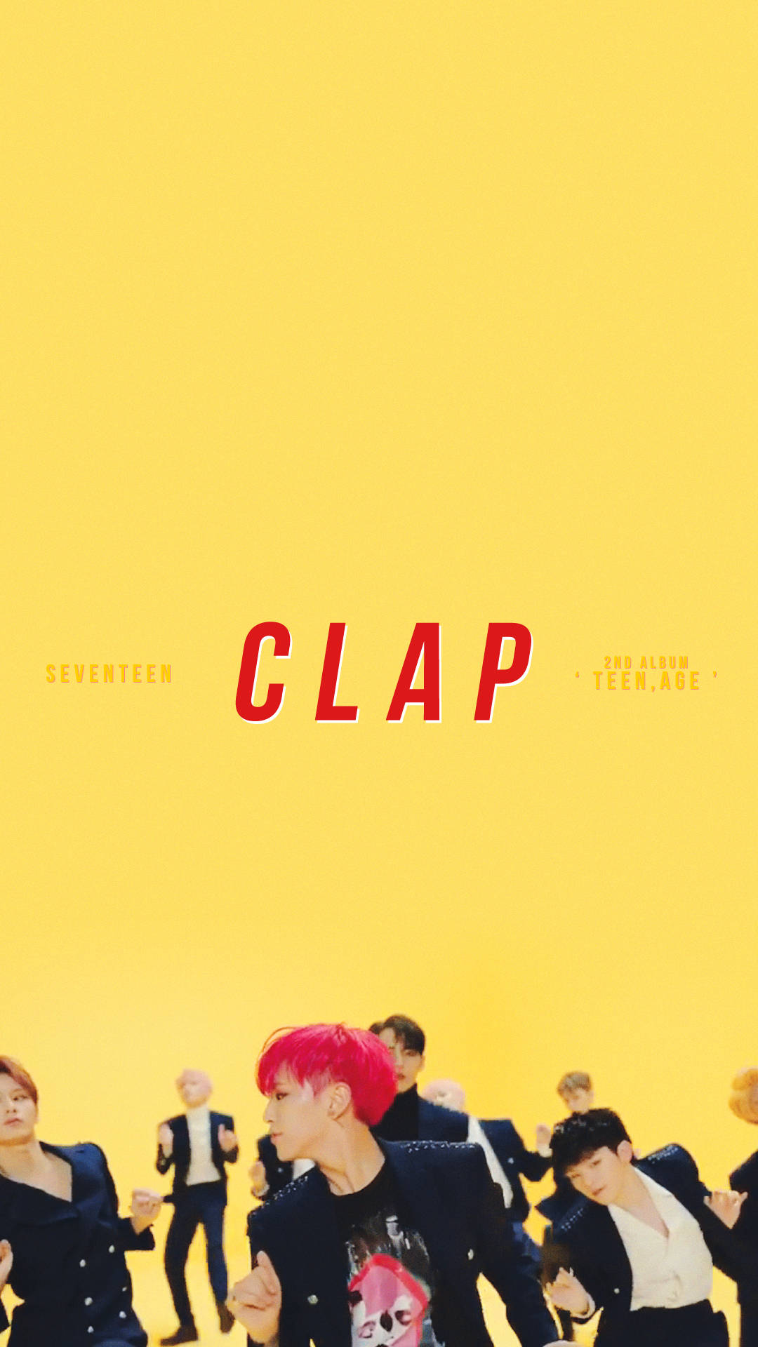 Hoshi 桌布 壁紙 — K-pop 組合 Seventeen 在搶眼的黃色背景上以紅色文字「CLAP」動態擺姿勢。