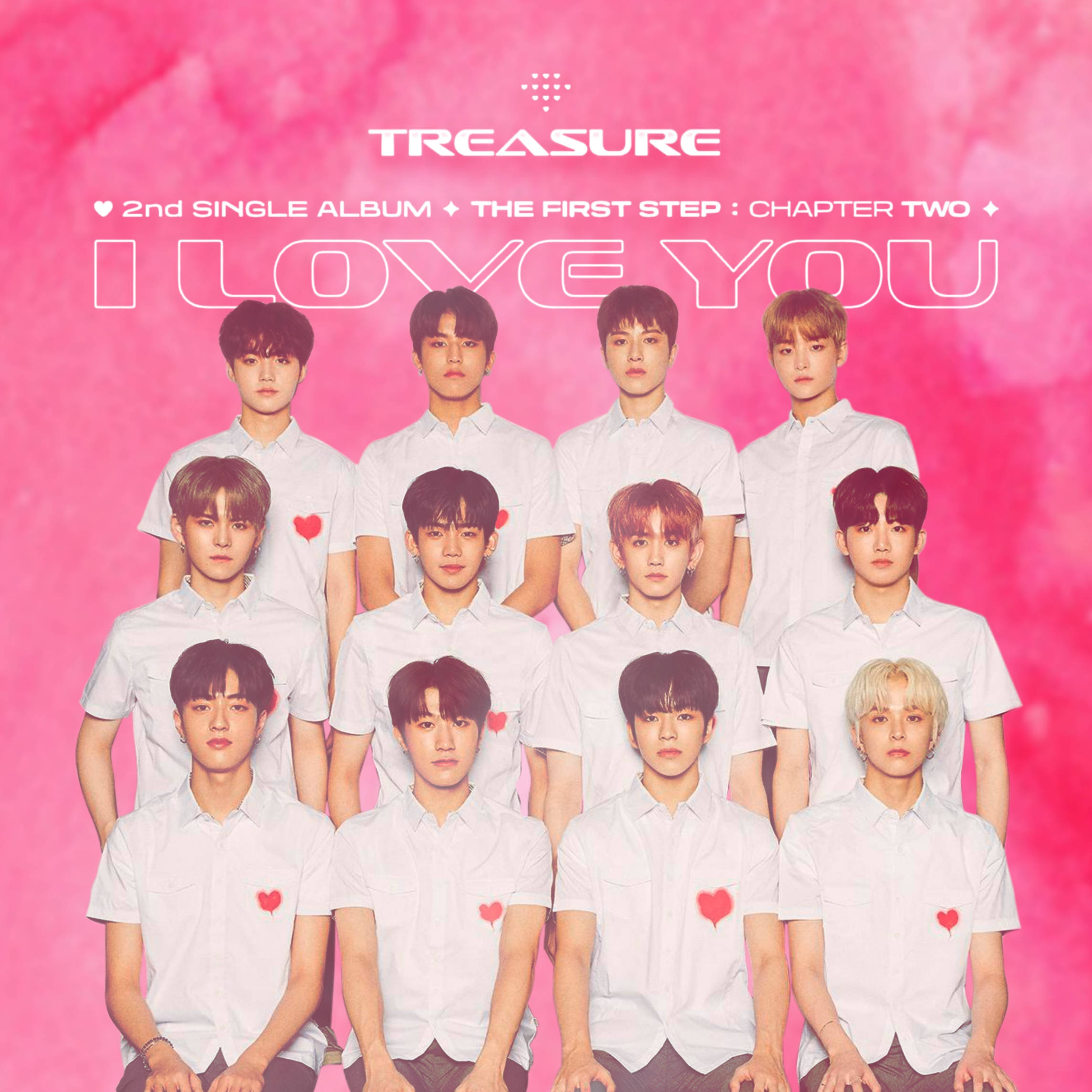 寶藏 桌布 壁紙 — K-pop 組合 TREASURE 身穿白色襯衫，搭配紅色心形圖案，在充滿活力的粉紅色漸變背景前為專輯封面擺姿勢。