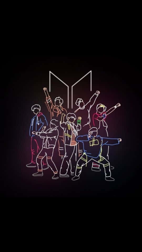 Bts Icon 桌布 壁紙 — K-pop 組合的霓虹燈風格人物在黑暗背景前動態擺姿勢，帶有發光輪廓和彩色點綴。