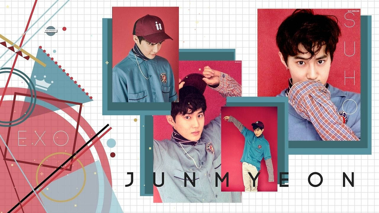 Exo Desktop 桌布 壁紙 — K-pop偶像Junmyeon在鮮豔紅色背景上穿著時尚服裝的拼貼畫，帶有幾何網格和圖形設計元素。
