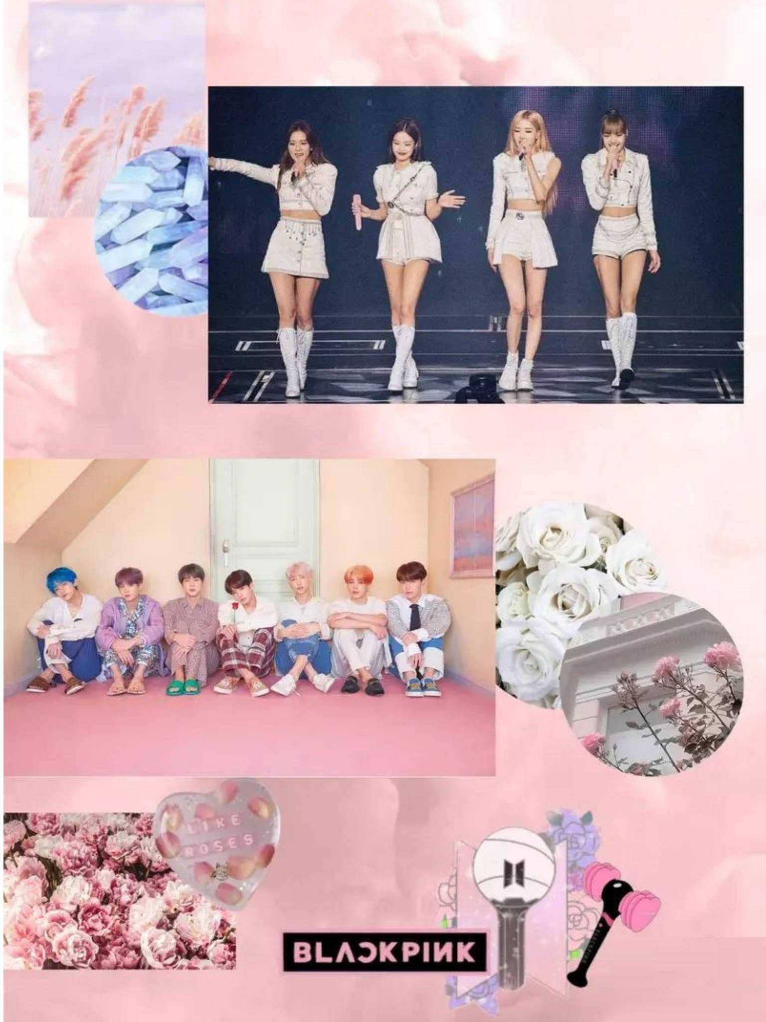 BTS 和 BLACKPINK 桌布 壁紙 — K-pop偶像在柔和的粉紅色背景下，手持粉紅玫瑰並佩戴閃亮配飾進行表演和擺姿勢的拼貼畫。