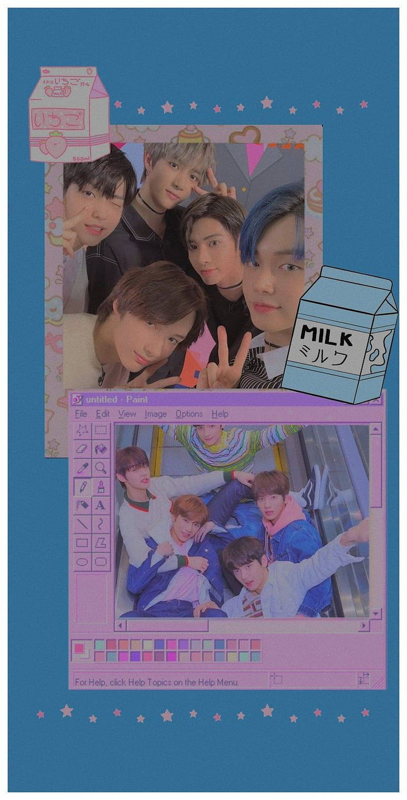 文字 桌布 壁紙 — K-pop偶像的拼貼畫，以卡通牛奶盒和數位繪畫應用程式介面框住，背景是藍色星空，偶像們擺出俏皮姿勢。