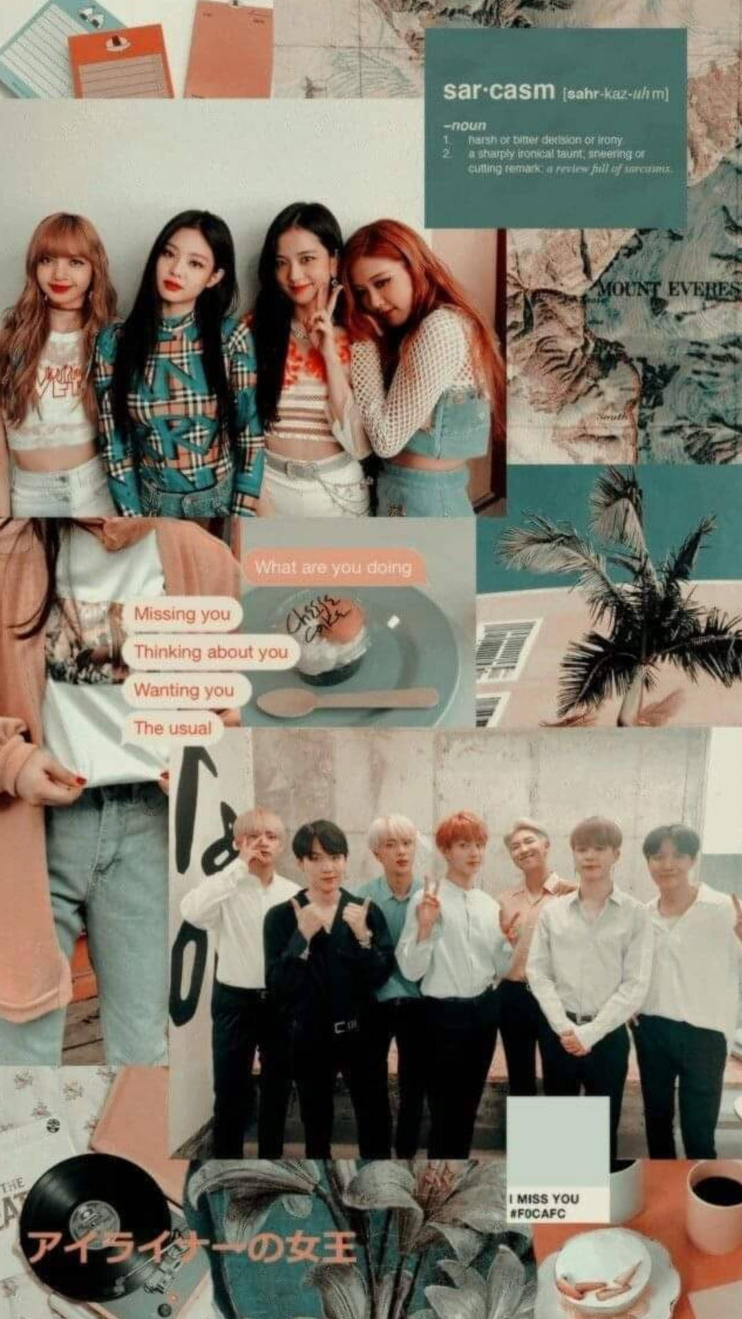 BTS 和 BLACKPINK 桌布 壁紙 — K-pop偶像的拼貼畫，包含休閒和正式服裝，帶有文字疊加和熱帶棕櫚圖案，採用柔和粉彩調。