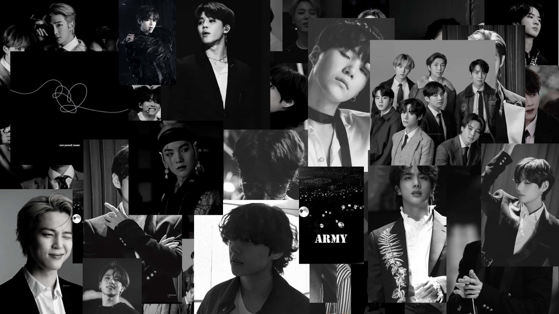 Black And White Aesthetic Pc 桌布 壁紙 — K-pop偶像的黑白拼貼畫，姿勢和服裝各異，帶有ARMY字樣。