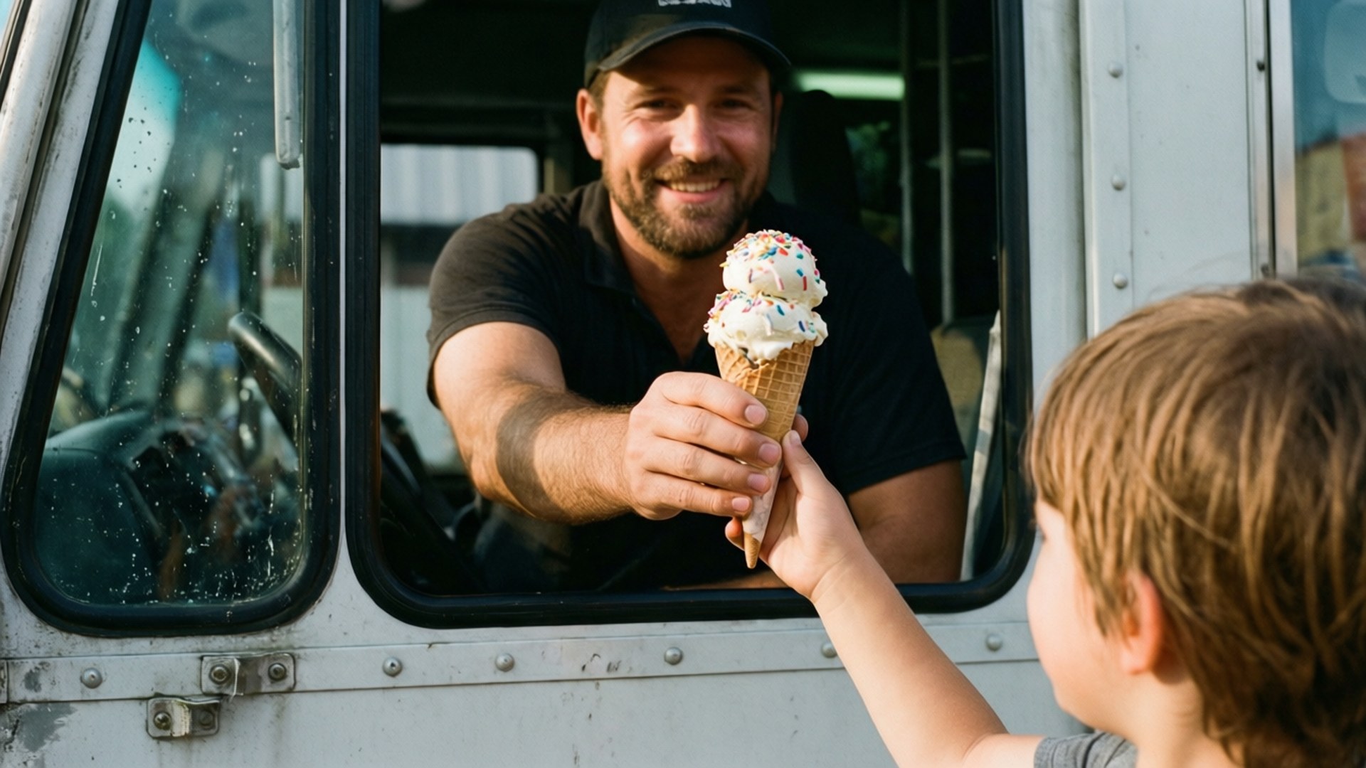 Ice Cream Truck 桌布 壁紙 — 一個開心的男人在卡車窗口遞一個色彩繽紛的碎糖冰淇淋甜筒給一個伸出手的孩子。