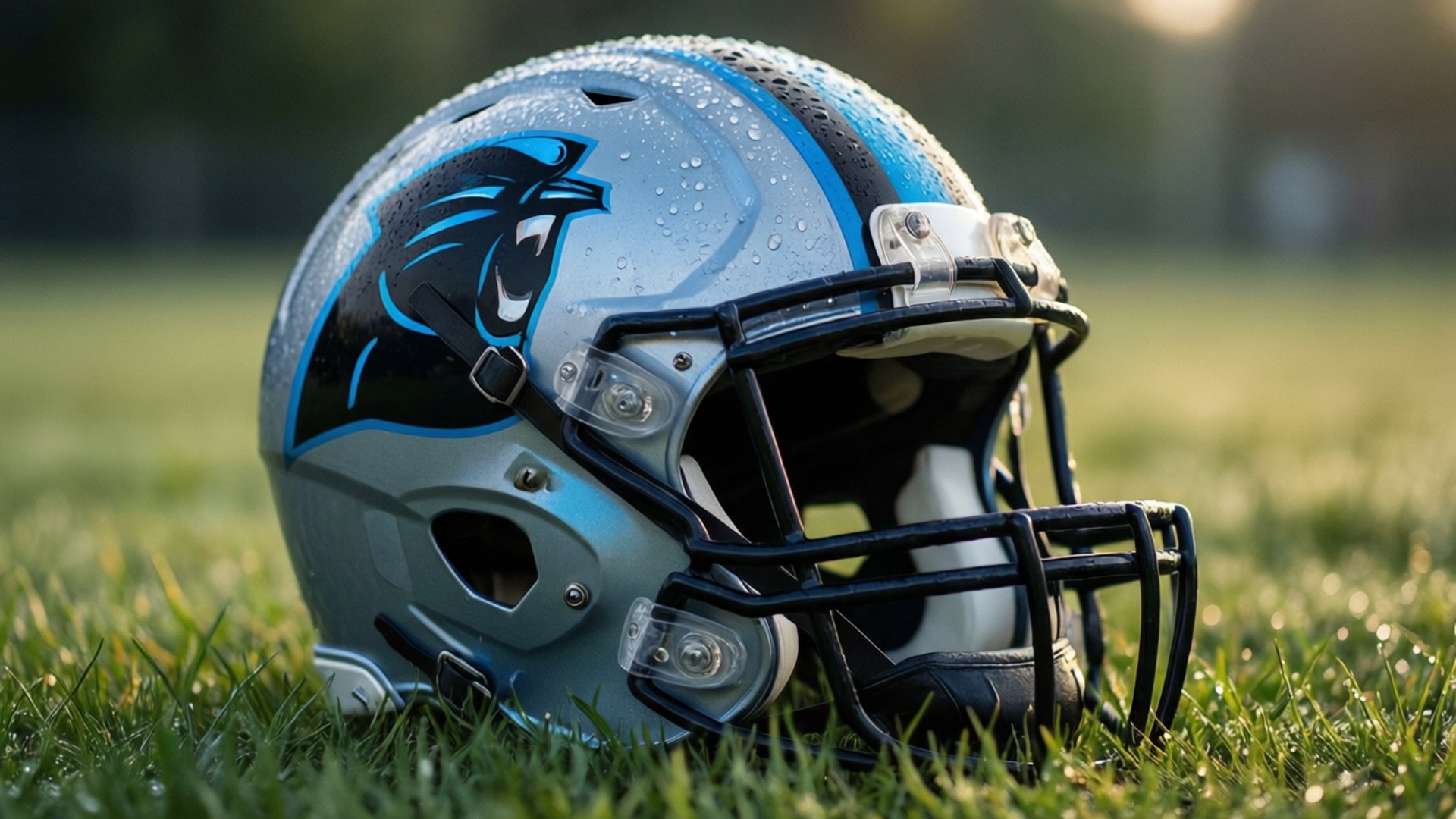 Panthers Helmet on Grass 壁紙 — 卡羅萊納黑豹隊美式足球頭盔放在帶有露水的草地上，陽光穿過背景照射進來。