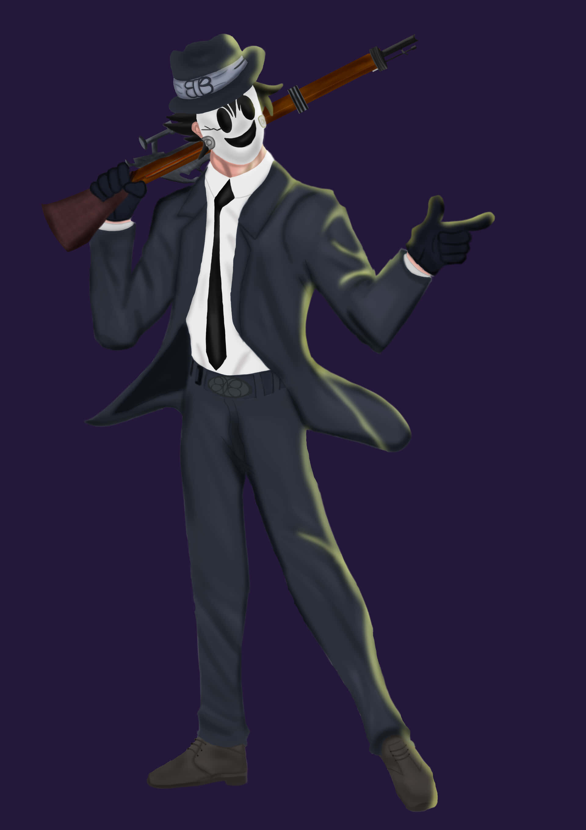 Sniper Mask 桌布 壁紙 — 一個卡通風格、戴面具、穿西裝的人物，肩上扛著步槍，在深紫色背景前自信地指向前方。