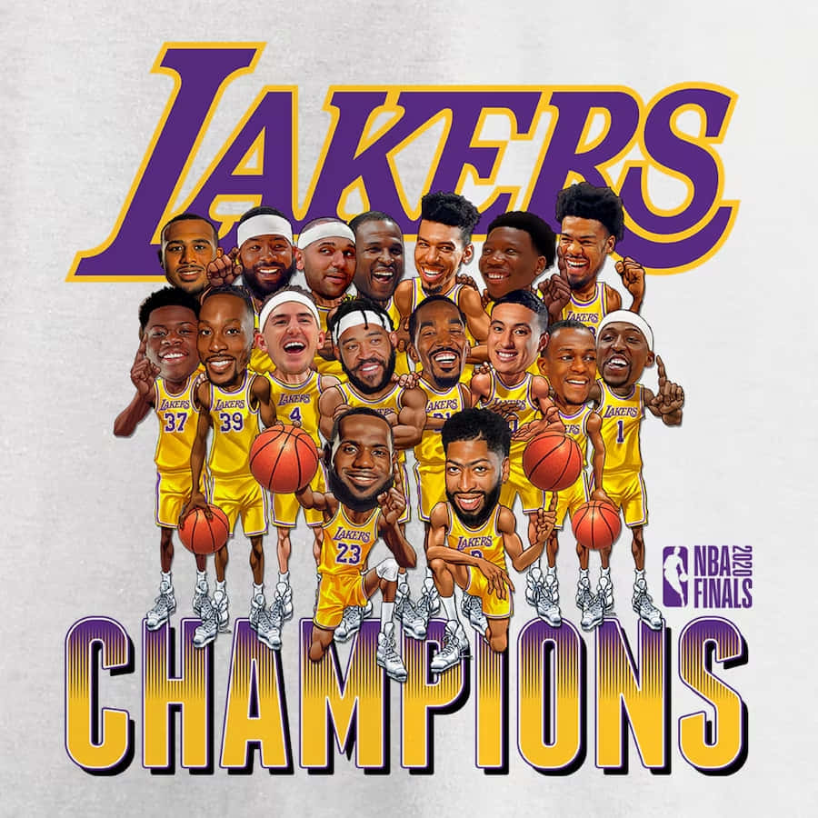  壁紙 — 卡通風格的湖人籃球隊以歡樂姿勢和冠軍文字慶祝2020年NBA總決賽勝利。