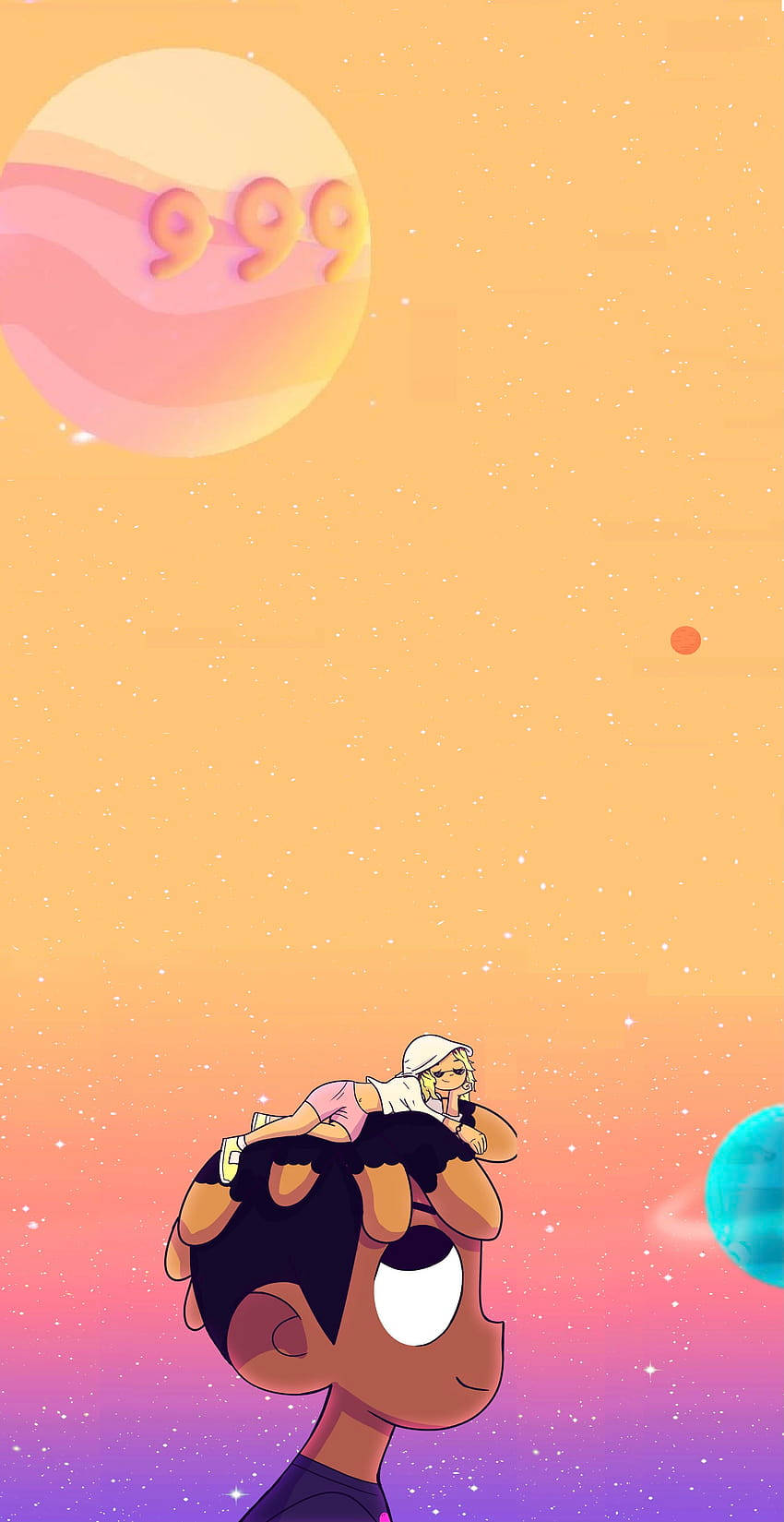 卡通角色在星空中抬頭望向一個寫著'999'的發光星球。 — Juice Wrld 壁紙