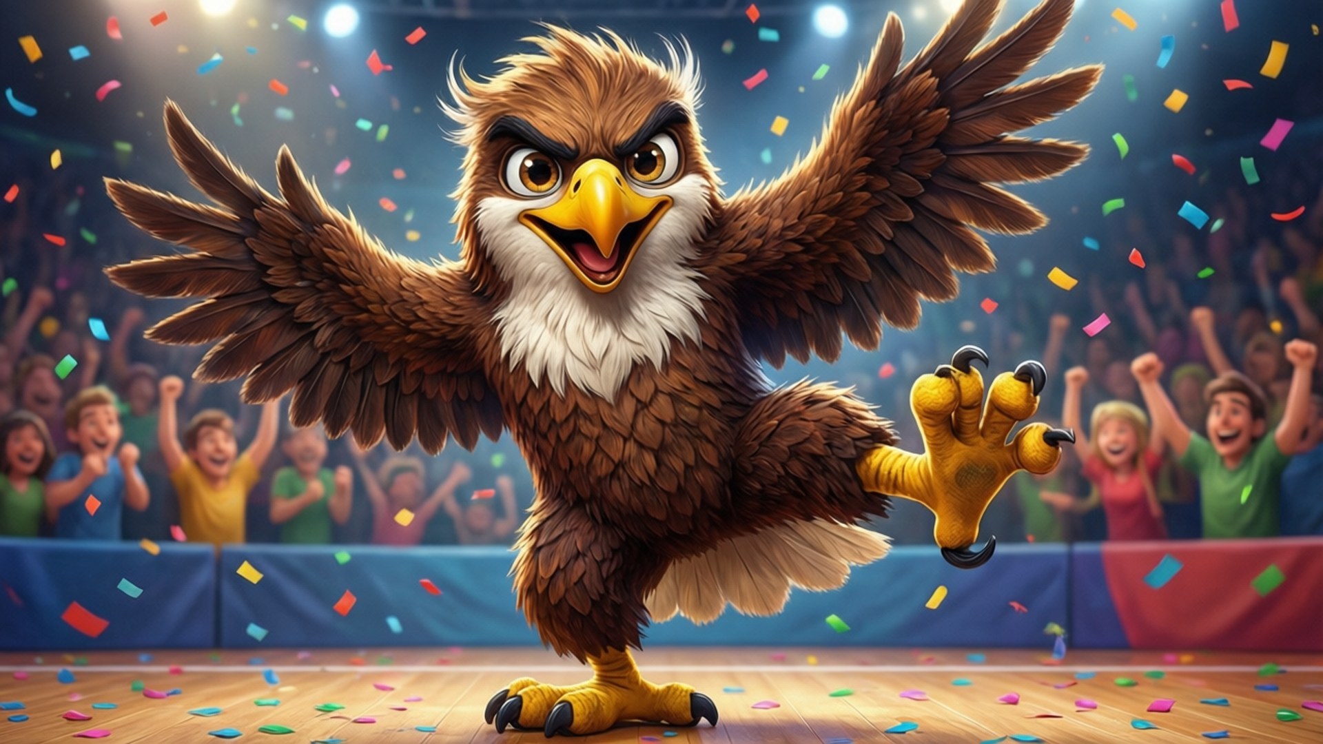 Harry the Hawk Dance 壁紙 — 一隻卡通老鷹展開翅膀，帶著喜悅的表情站在舞台中央，在明亮的燈光下，五彩繽紛的紙屑像雨一樣落在興奮歡呼的人群上。