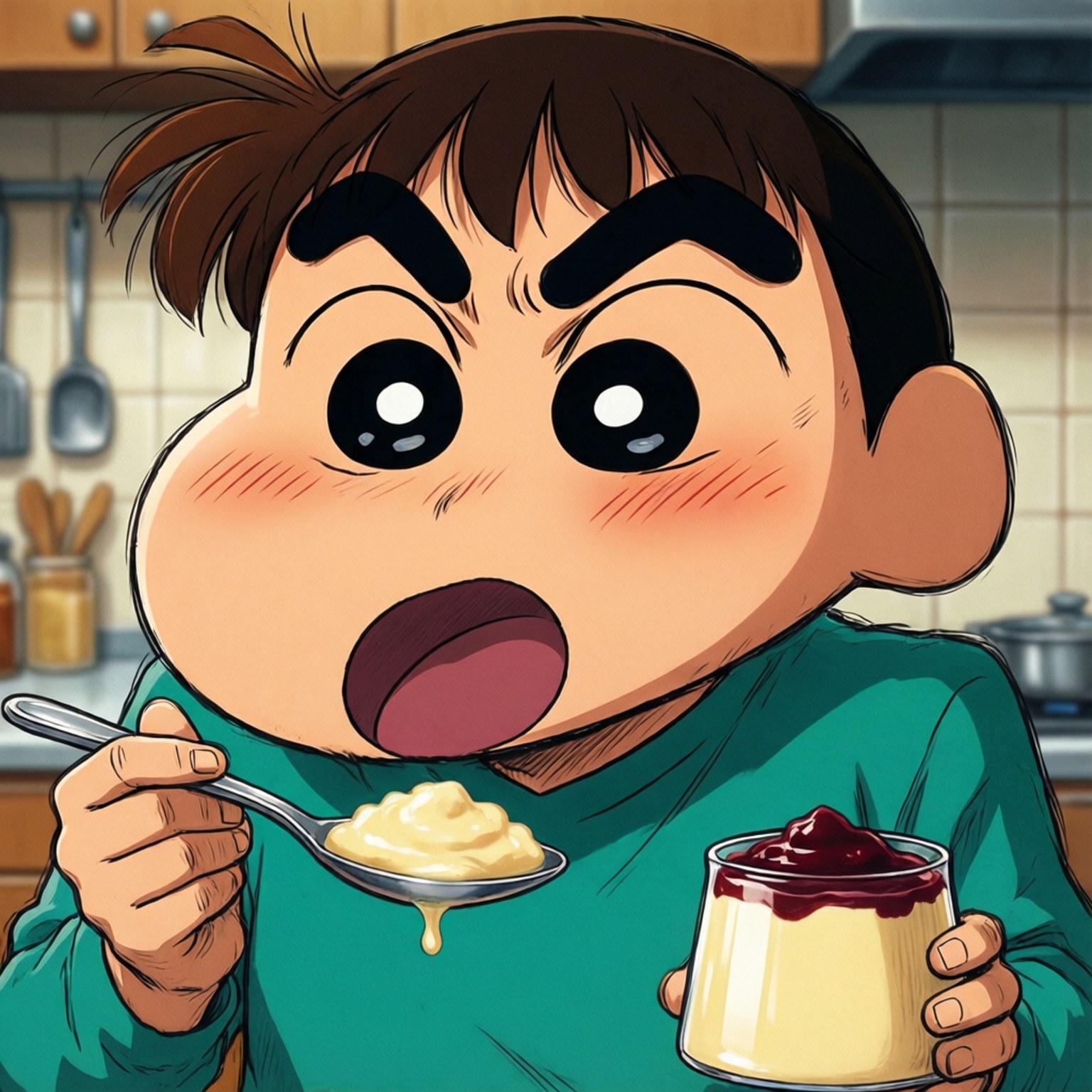 Pudding Face 壁紙 — 一個卡通男孩睜大眼睛，表情驚訝，在廚房裡拿著一匙布丁和一個玻璃甜點。
