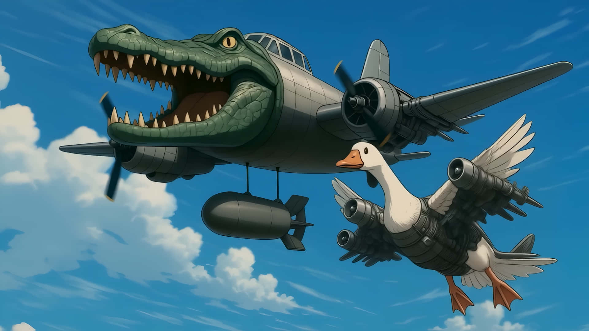  壁紙 — 卡通鱷魚飛機和鵝戰鬥機在明亮的藍天中翱翔，伴隨著蓬鬆的白雲。