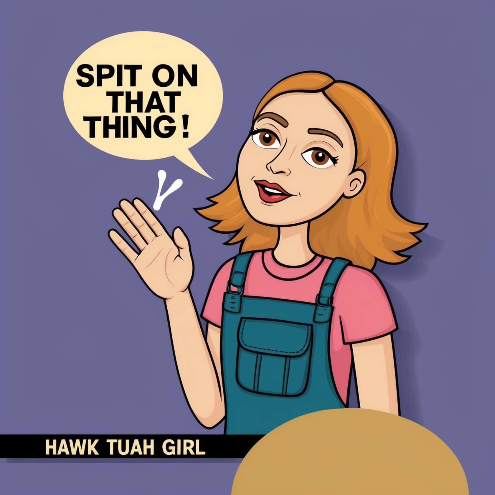 Hawk Tuah 桌布 壁紙 — 一個橙色頭髮、穿著吊帶褲的卡通女孩在紫色背景下對著自己的手吐口水，大喊『吐在那東西上！』