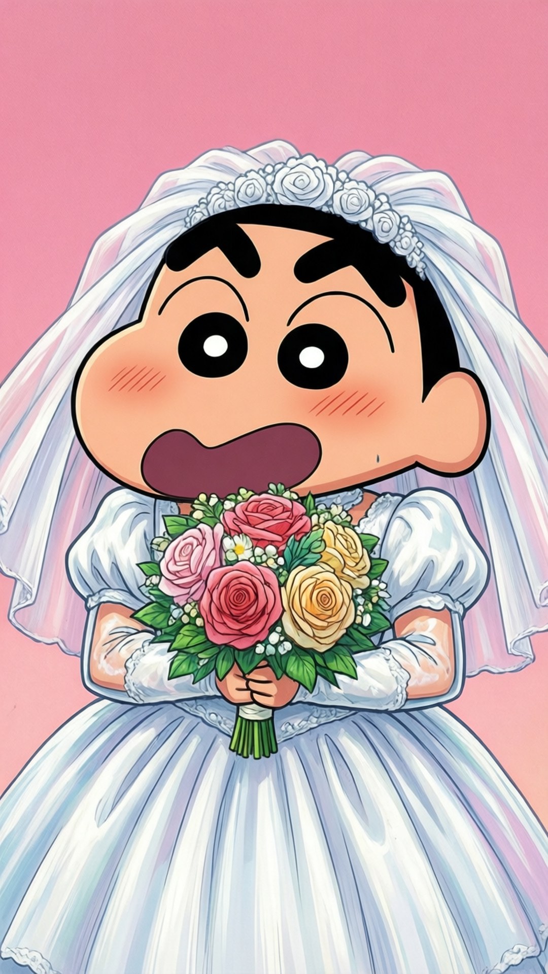 Bride Shin-chan 壁紙 — 一個卡通人物穿著白色婚紗和頭紗，手持一束粉紅色和黃色的玫瑰，背景為純粉紅色。