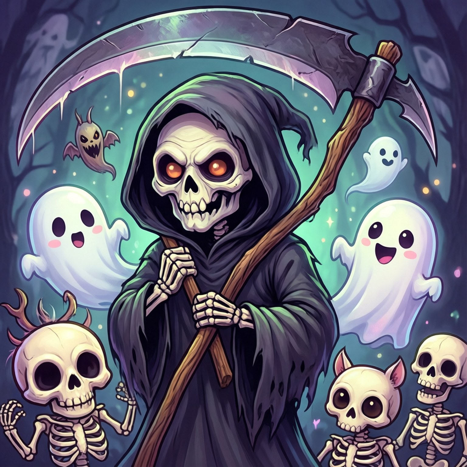 Kawaii Reaper 壁紙 — 一個卡通死神，發光的橙色眼睛，手持鐮刀，被歡樂的鬼魂和小骷髏包圍在神秘森林中。