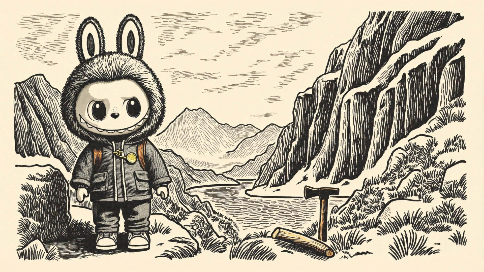  壁紙 — 一隻穿著連帽外套的卡通兔子站在山谷中，旁邊有錘子和圓木。