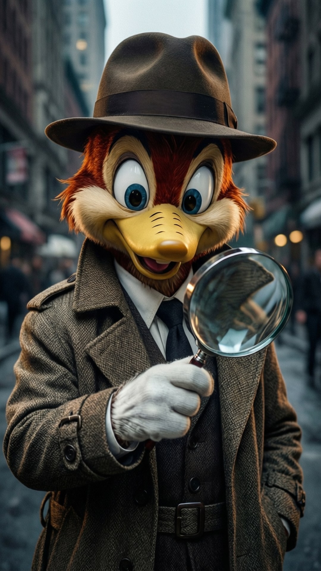 Detective Woody 壁紙 — 一隻卡通鴨偵探，戴著棕色軟呢帽和 trench coat，在城市街道上拿著放大鏡。