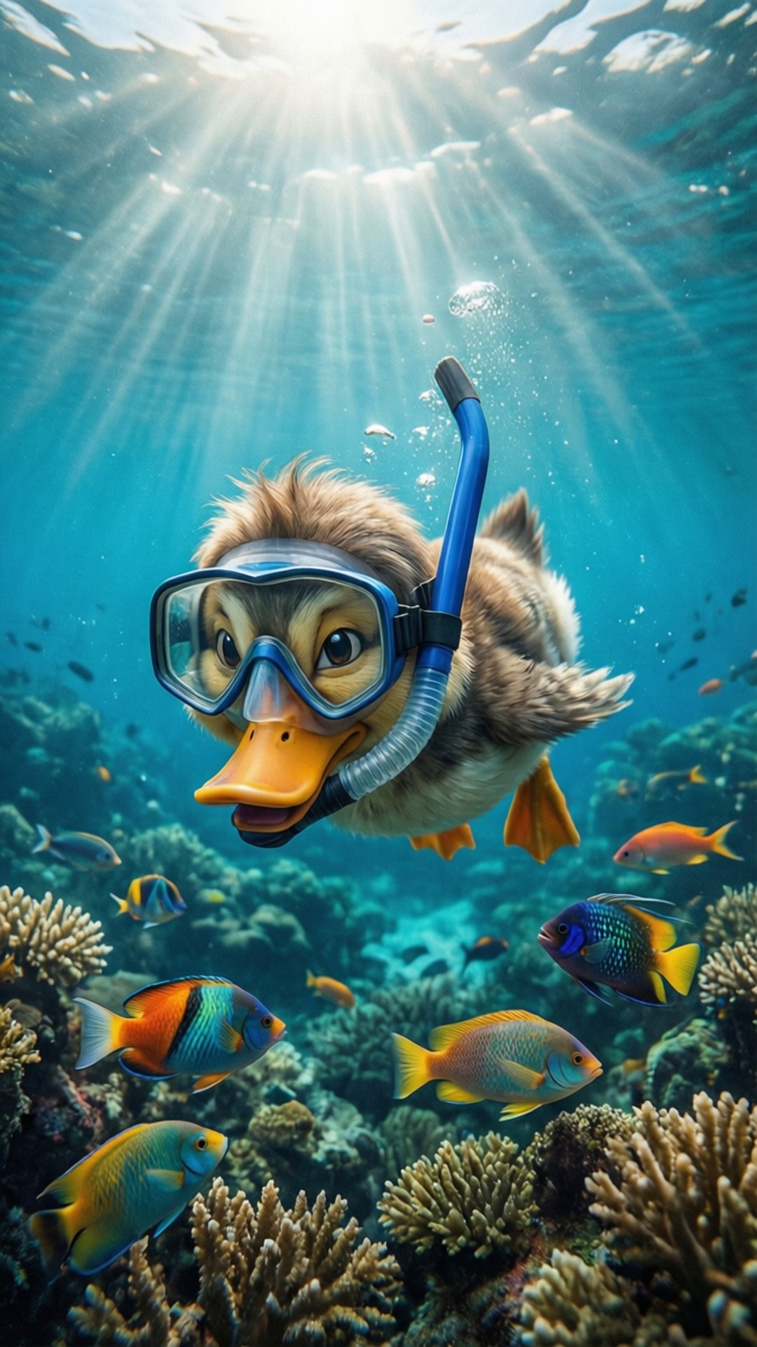 Quackity 桌布 壁紙 — 一隻卡通鴨子戴著浮潛裝備，在陽光普照、充滿色彩繽紛熱帶魚的珊瑚礁中快樂地游泳。