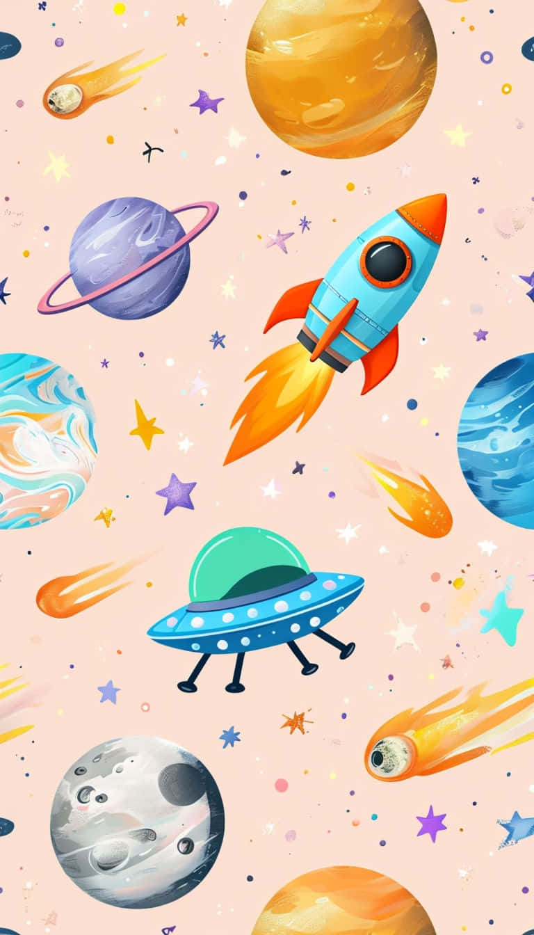  壁紙 — 一艘有趣的卡通火箭和UFO在柔軟的粉紅色宇宙背景中，穿梭於色彩繽紛的行星和星星之間。
