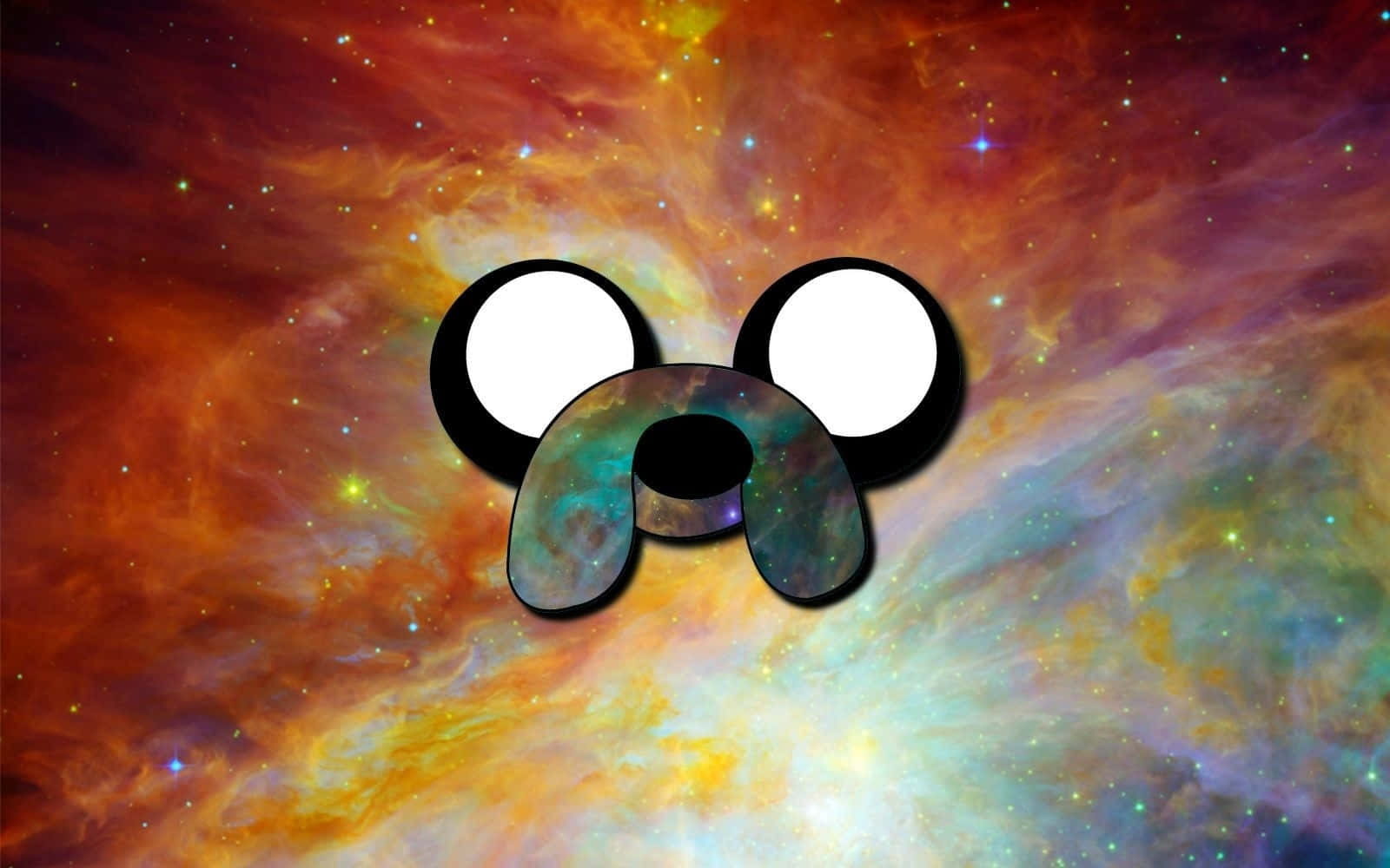  壁紙 — 一個卡通狗臉，有大眼睛和鼻子，背景是充滿星星的鮮豔宇宙星雲。