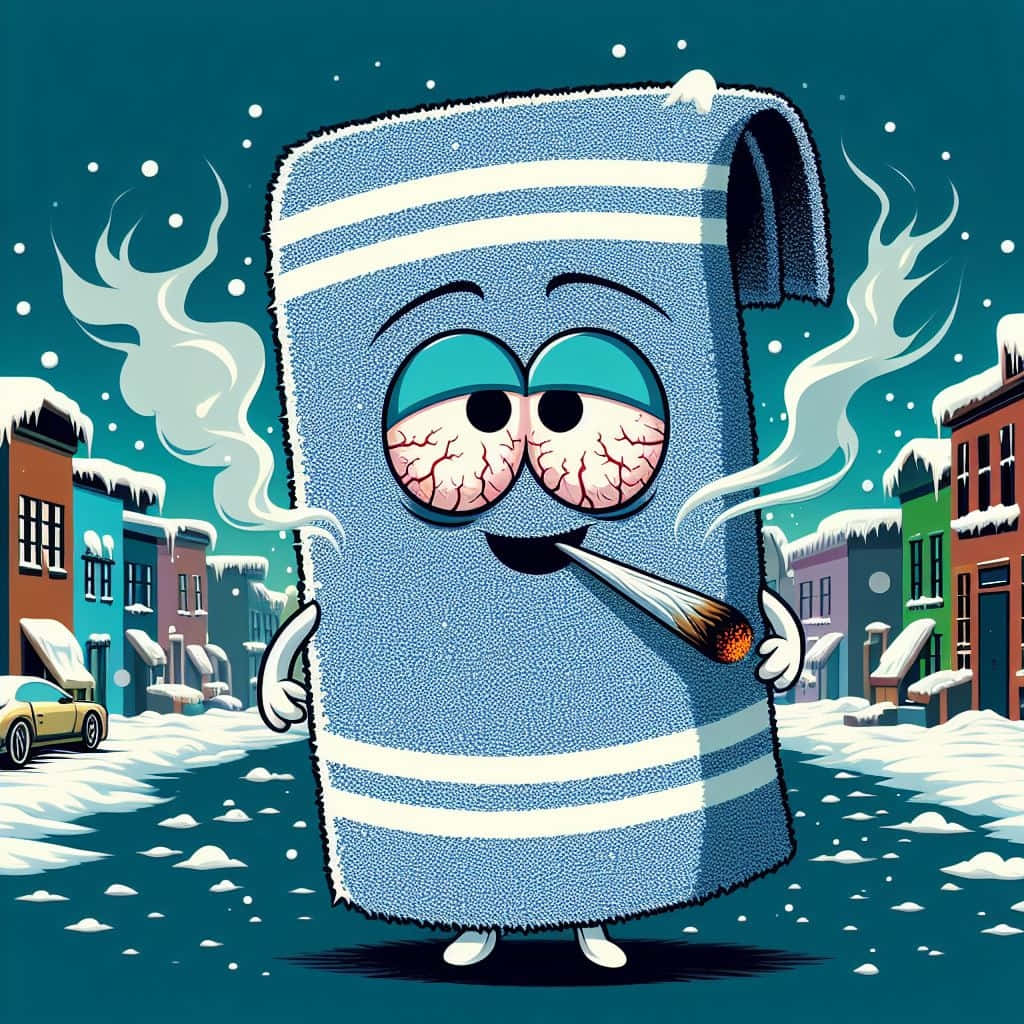  壁紙 — 一條卡通毛巾，眼睛破裂，叼著點燃的香煙，在積雪的都市街道上抽煙，周圍是色彩繽紛的建築物。