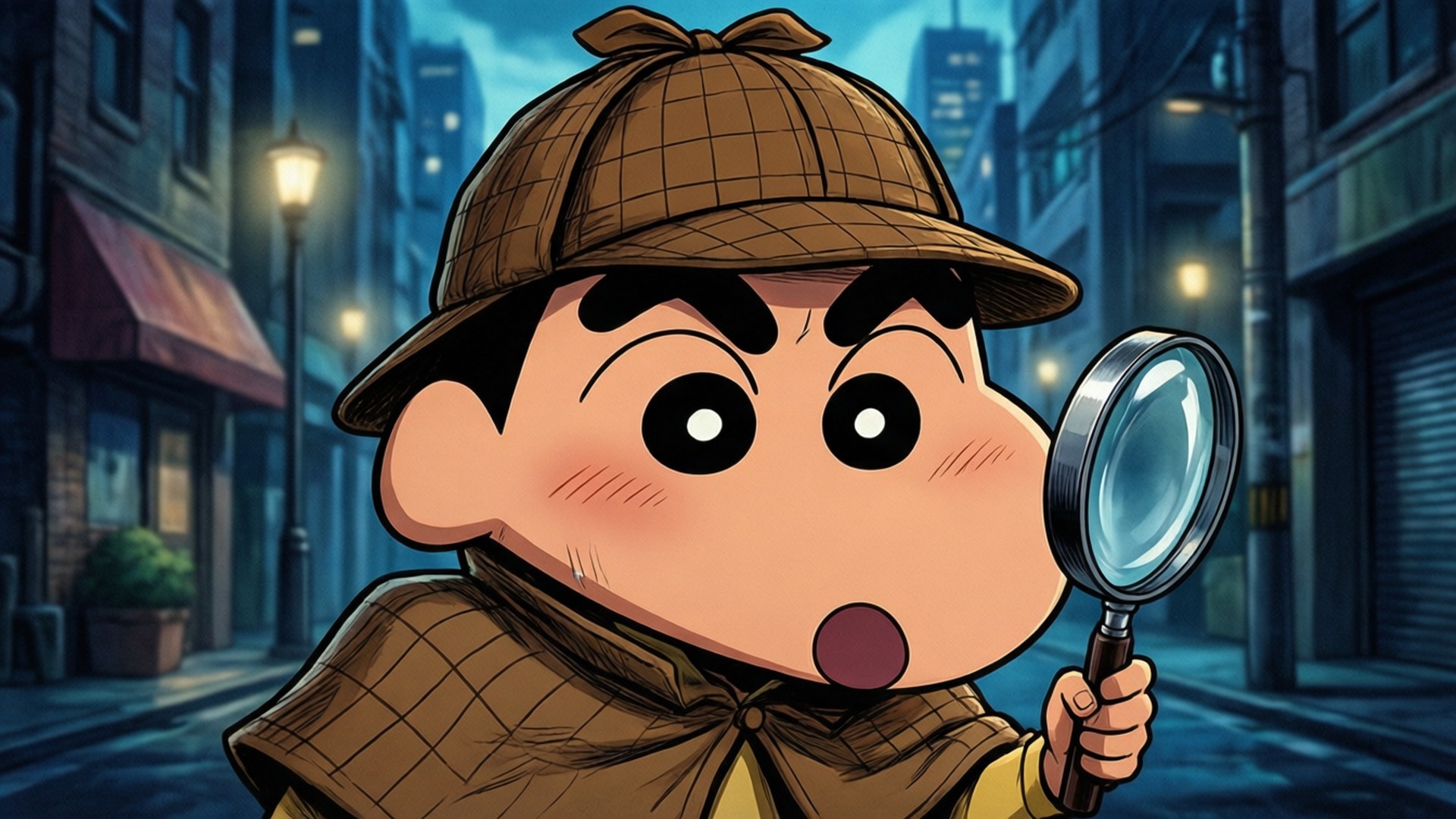 Detective Shin-chan 壁紙 — 一個卡通偵探拿著放大鏡，在夜晚昏暗的城市街道上瞪大眼睛凝視。