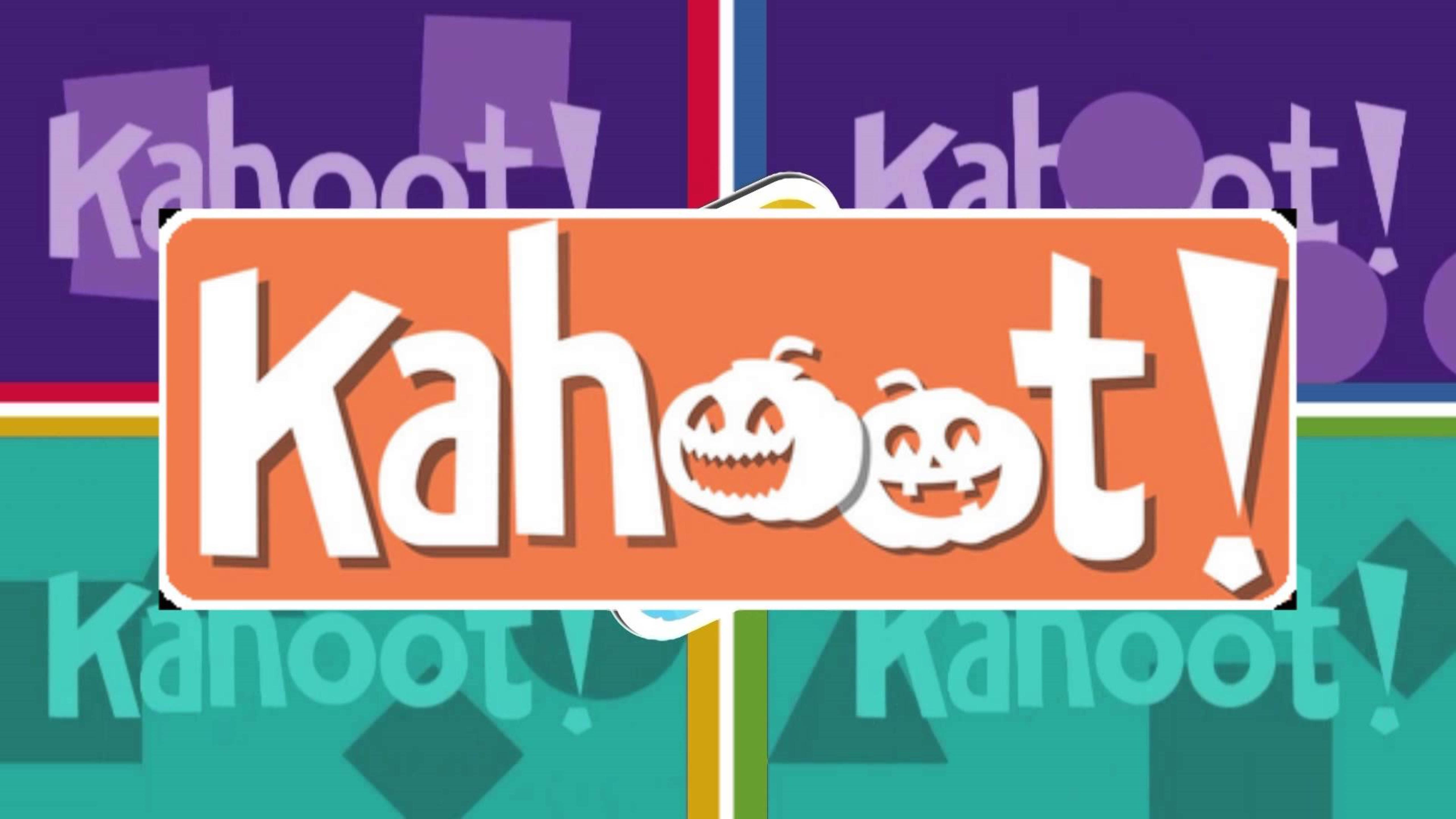 Kahoot 桌布 壁紙 — Kahoot! 標誌，橙色盒子內有南瓜燈籠，背景為彩色幾何圖案，重複品牌文字。