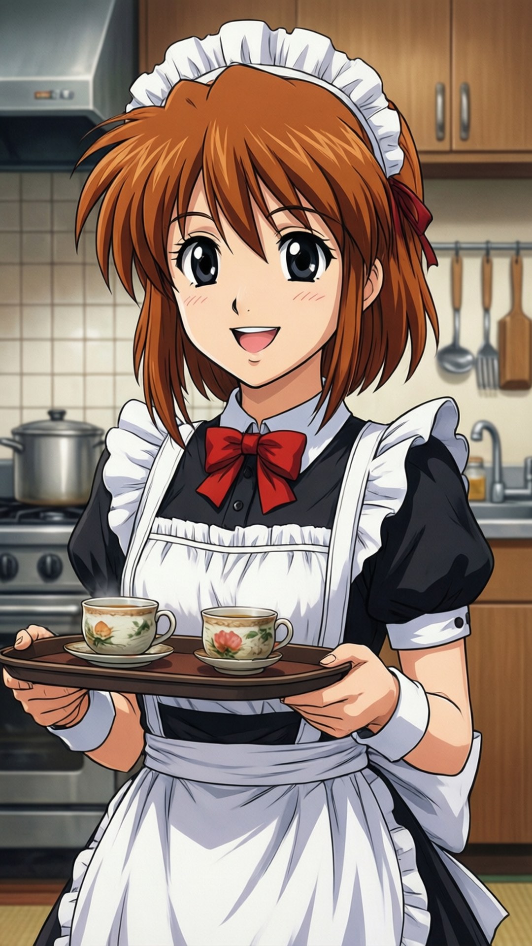 Shinobu Maid Service 壁紙 — 一位開朗的動漫女僕，棕色頭髮，紅色蝴蝶結，在廚房裡拿著托盤，上面有兩個花卉茶杯。