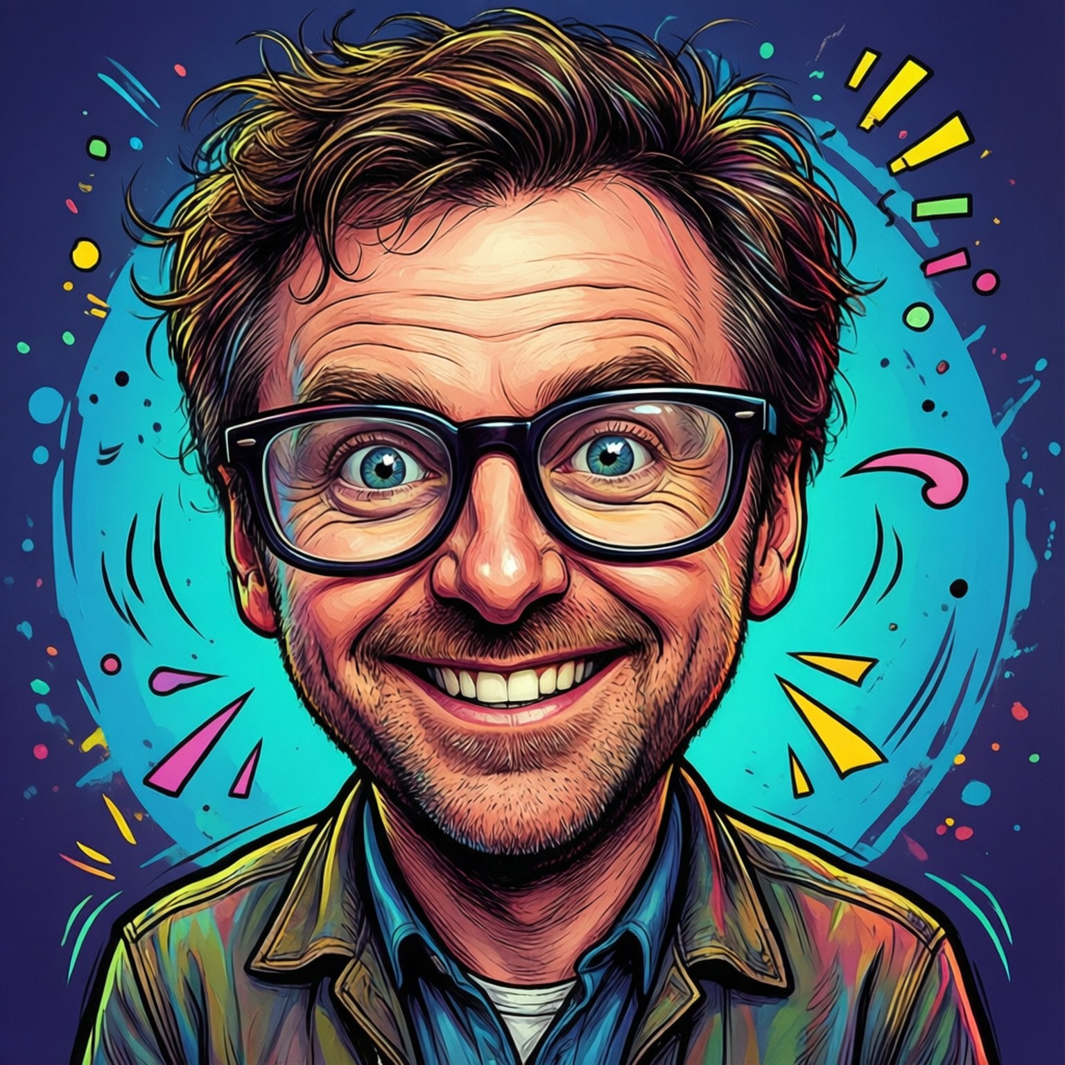 ricky gervais 桌布 壁紙 — 一幅充滿活力的數位插圖，描繪一位戴眼鏡、頭髮蓬亂的開朗男子，背景是色彩繽紛的抽象圖案。