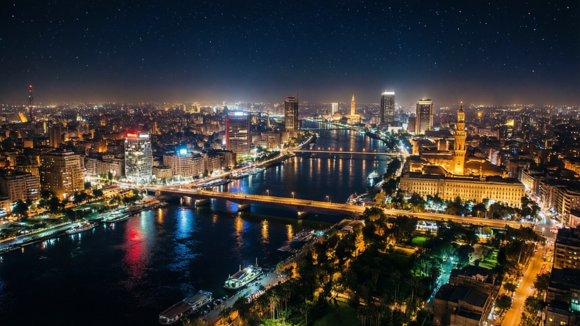 Cairo Aerial Night Lights 壁紙 — 開羅沿尼羅河璀璨天際線、橋樑和發光建築的星空夜景。