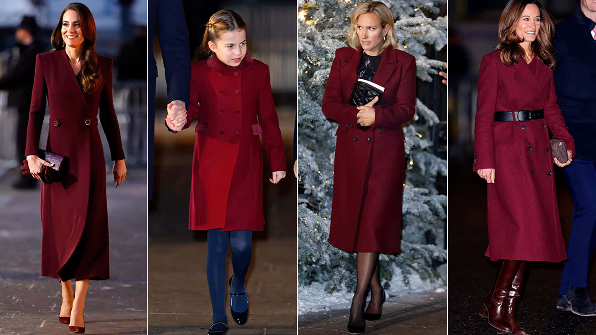 Red Coat 桌布 壁紙 — 凱特·米德爾頓和夏洛特公主穿著相配的酒紅色外套，在節日燈光下走在一棵被雪覆蓋的樹附近。