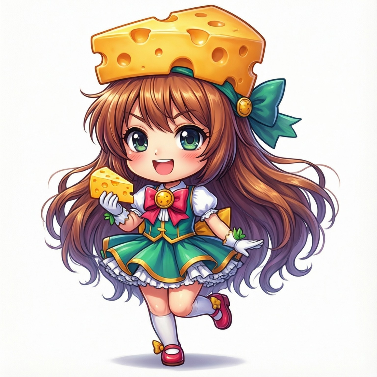 Cheesy Nagisa Chibi 壁紙 — 一個開心的chibi女孩，長長的棕色頭髮，戴著起司楔形帽，拿著一塊起司，穿著綠色和白色的衣服。