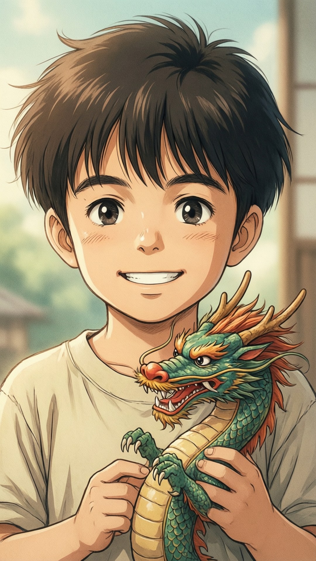 佐野万次郎 桌布 壁紙 — 一個開心的動畫男孩，棕色頭髮，在柔和模糊的背景中輕輕抱著一個鮮綠色和橙色的龍玩具。