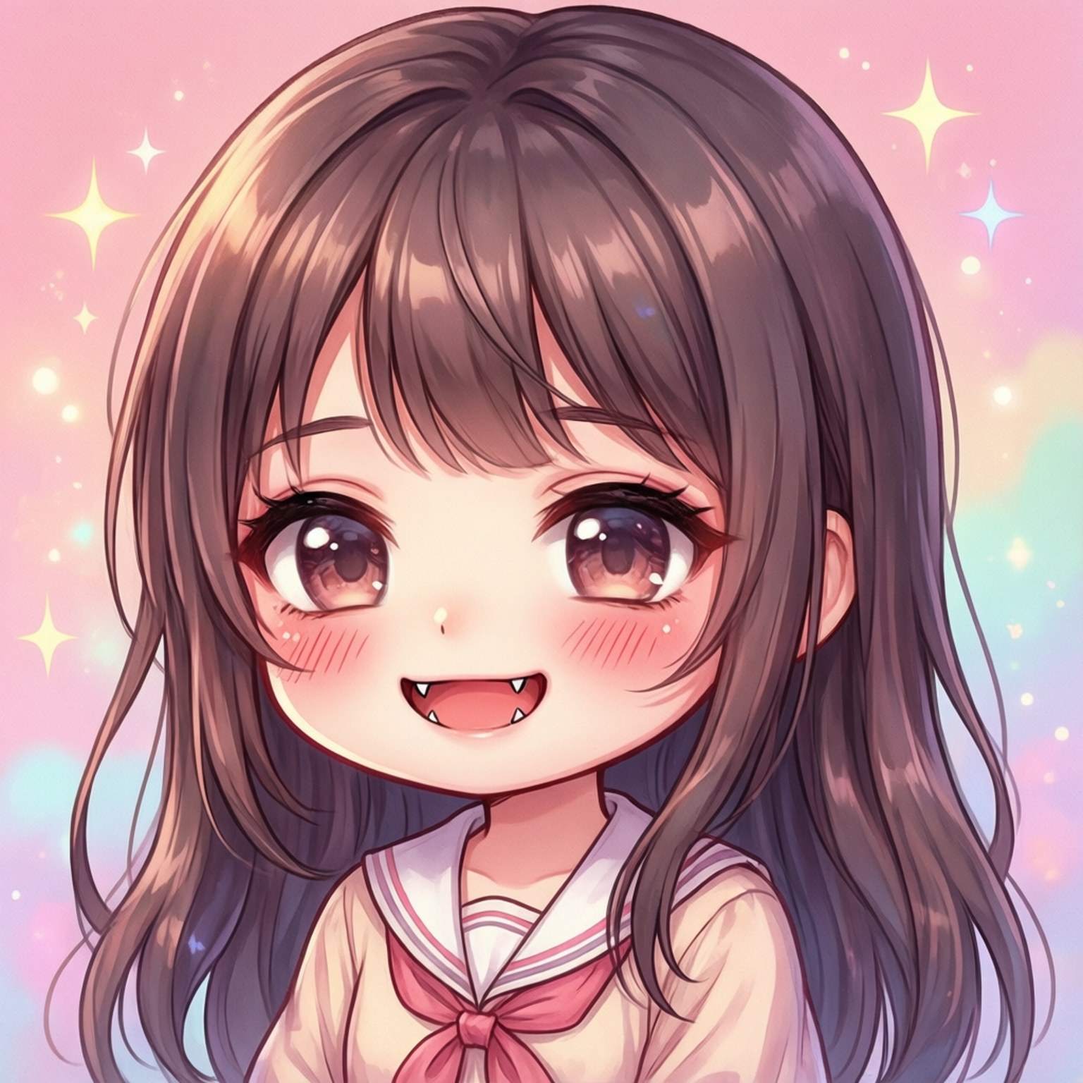 可愛動漫小虎牙 壁紙 — 一個開心的動漫女孩，棕色頭髮和吸血鬼尖牙，在粉彩星空背景下燦爛微笑。