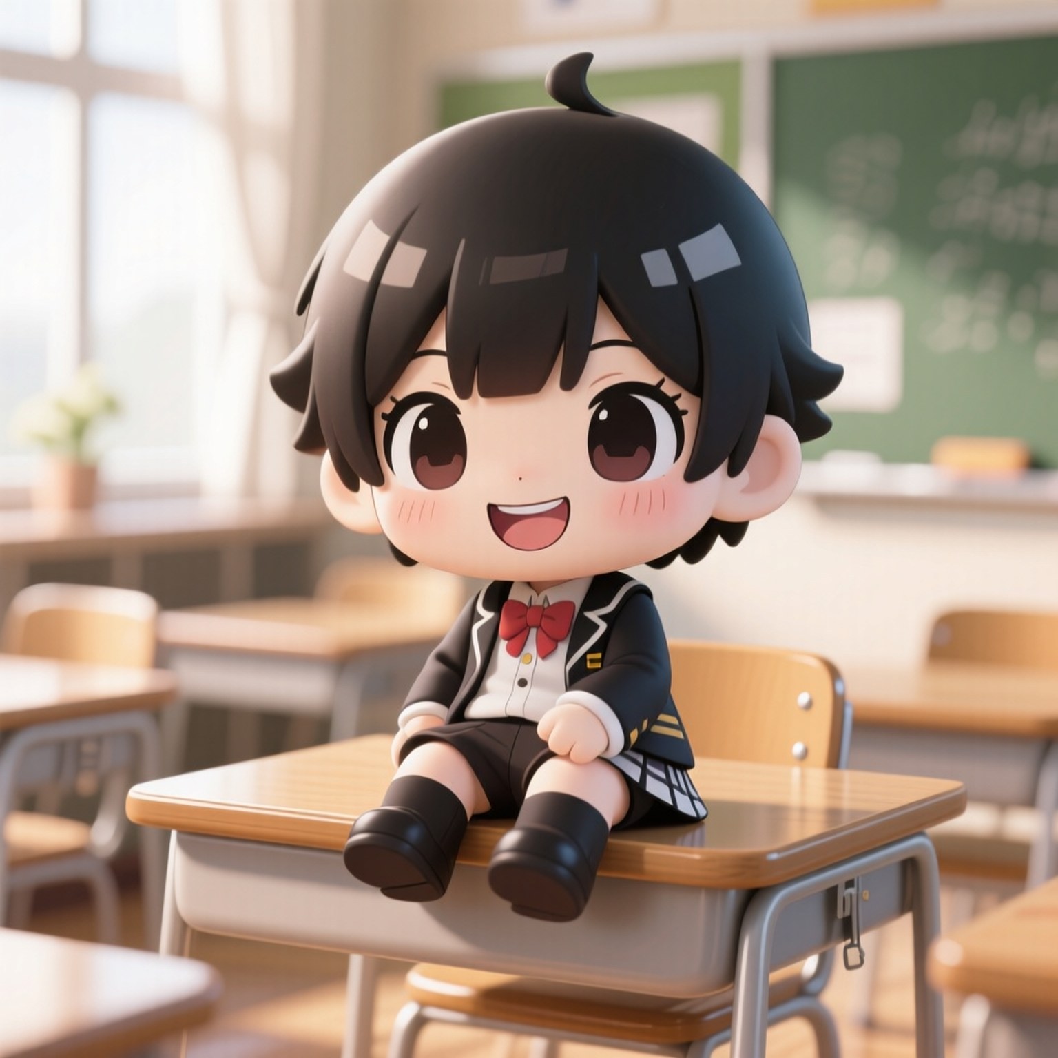 Chibi Morgna in Class 壁紙 — 一個開心的Q版動畫男孩穿著校服坐在明亮的教室裡的木桌上，有黑板和窗戶。